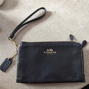 Coach Black Leather Wristlet with Gold Accents